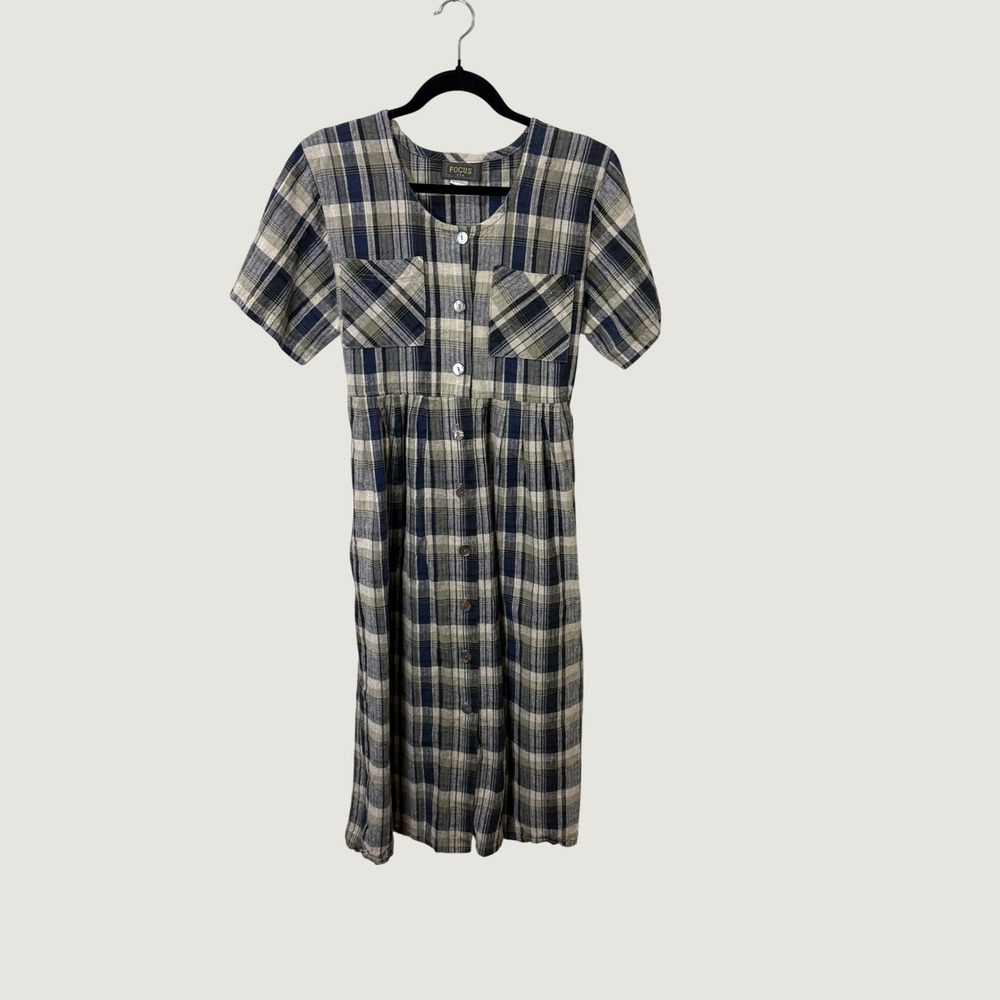Focus USA Plaid Midi Dress Linen Blend Cottage Prairie English Country Vintage